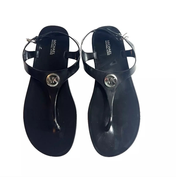 Michael Kors Jelley Thong Sandals Silver hardware Logo Black size 6m - Picture 1 of 8